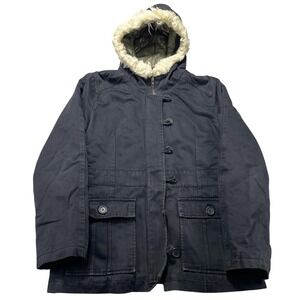 Roxy Coat Womens Large Black Cotton Hooded Faux Fur Trim Quilted Parka Winter